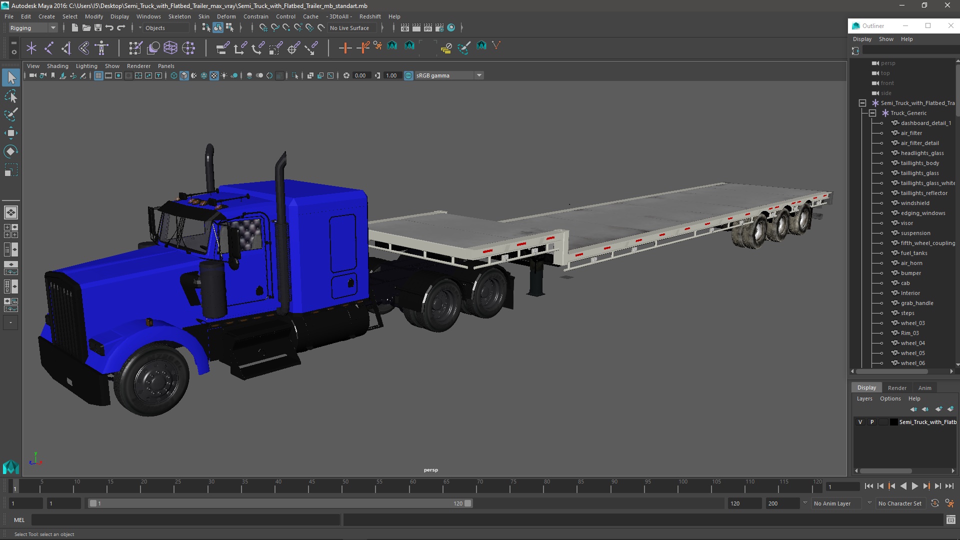 3D Semi Truck with Flatbed Trailer