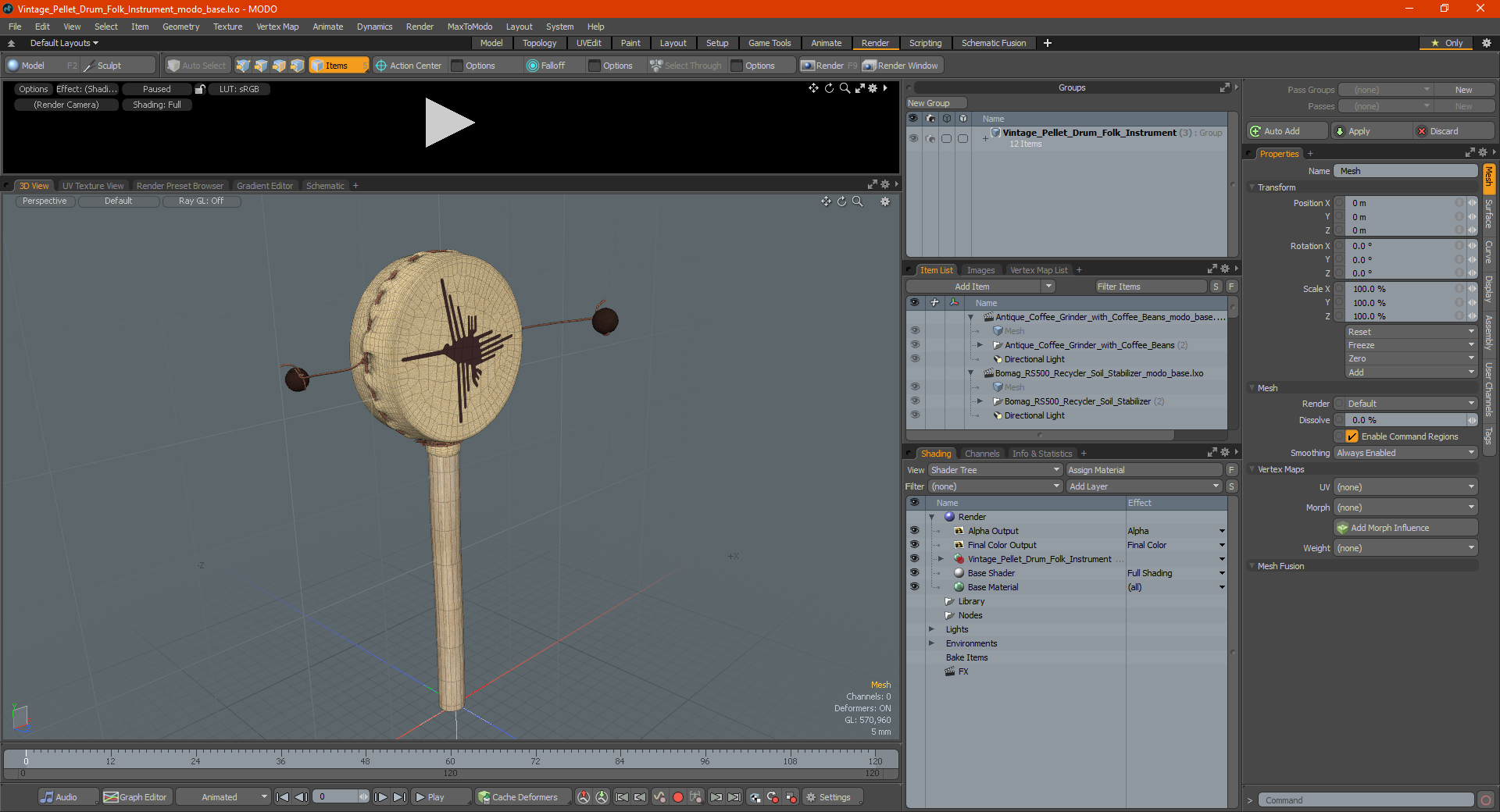3D model Vintage Pellet Drum Folk Instrument