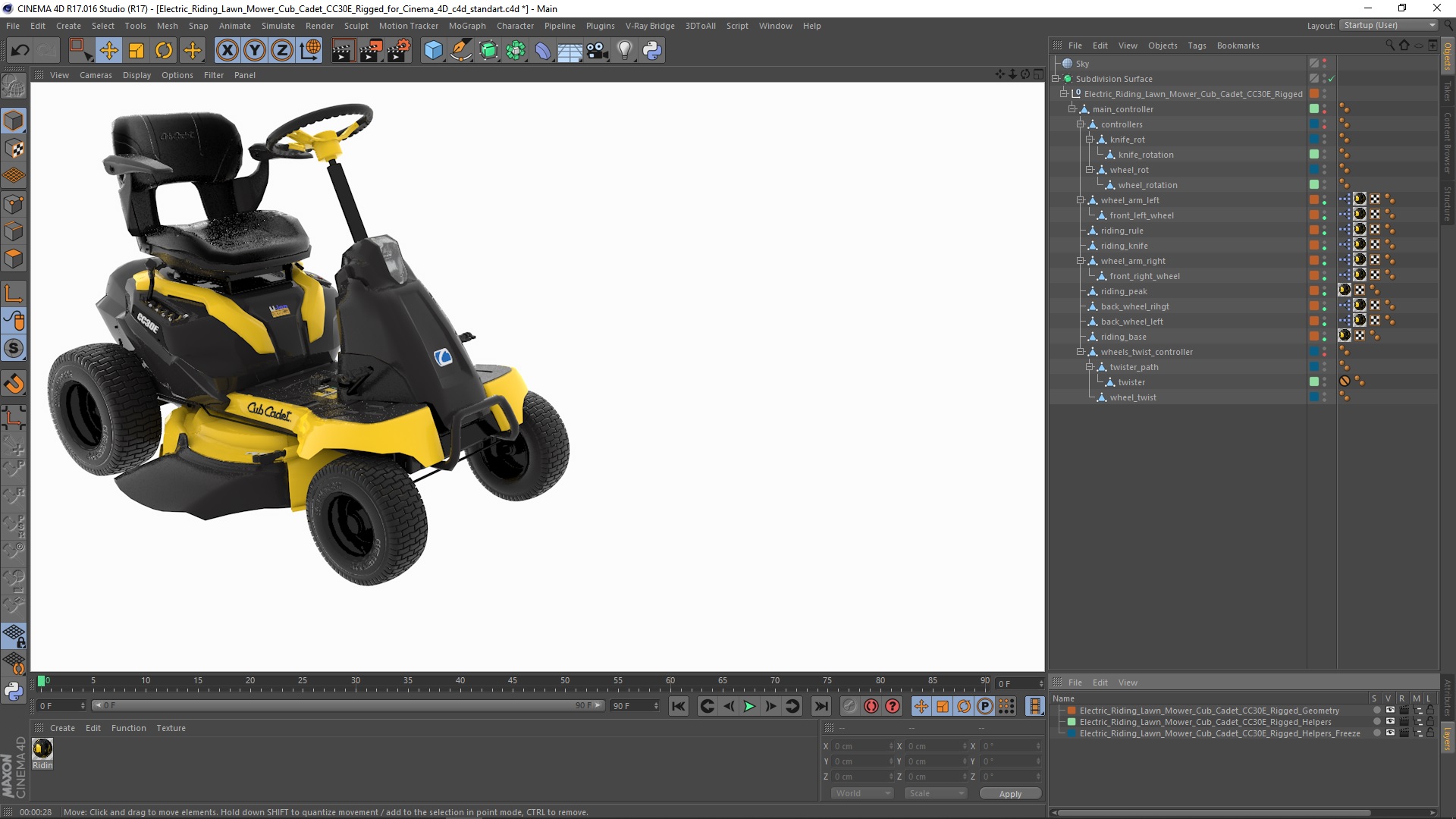 3D Electric Riding Lawn Mower Cub Cadet CC30E Rigged for Cinema 4D model