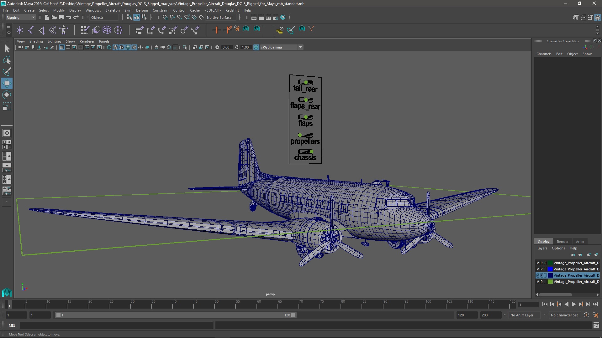 3D model Vintage Propeller Aircraft Douglas DC-3 Rigged for Maya
