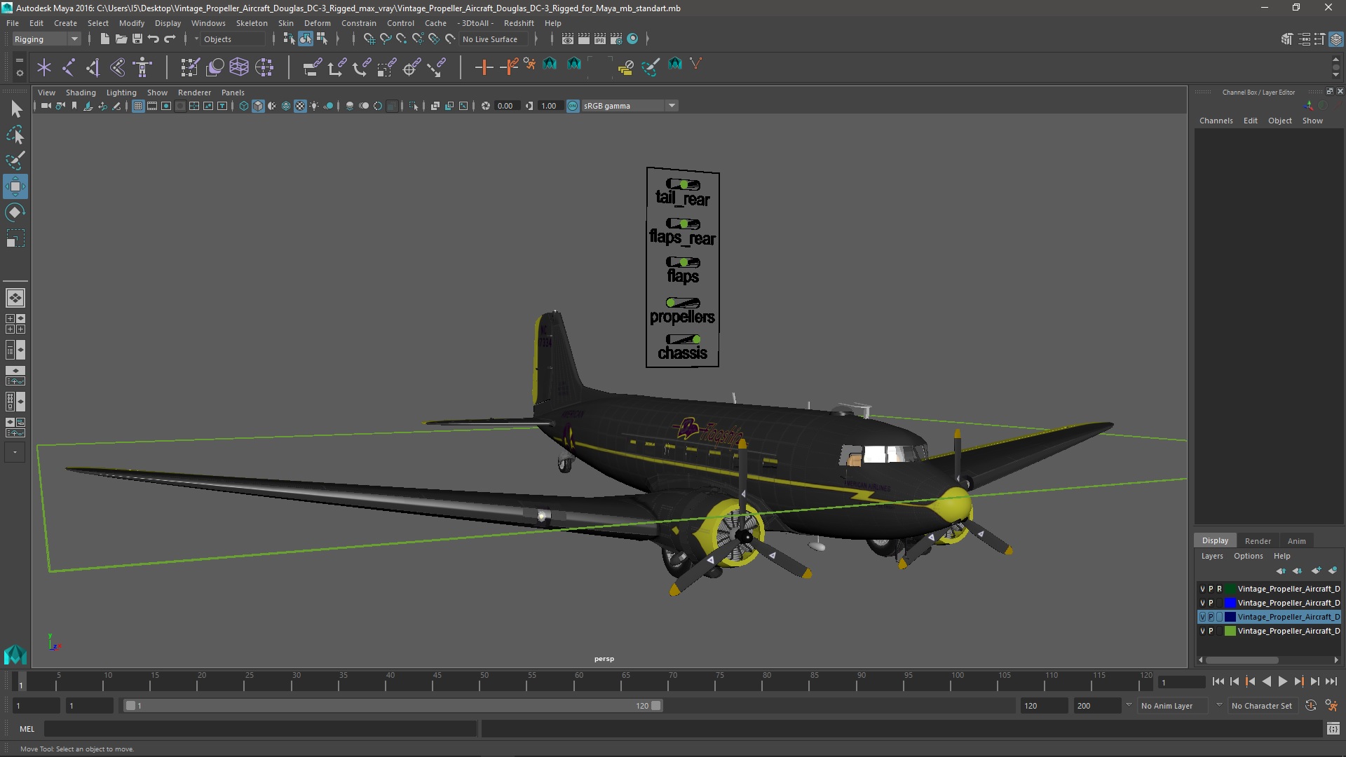 3D model Vintage Propeller Aircraft Douglas DC-3 Rigged for Maya