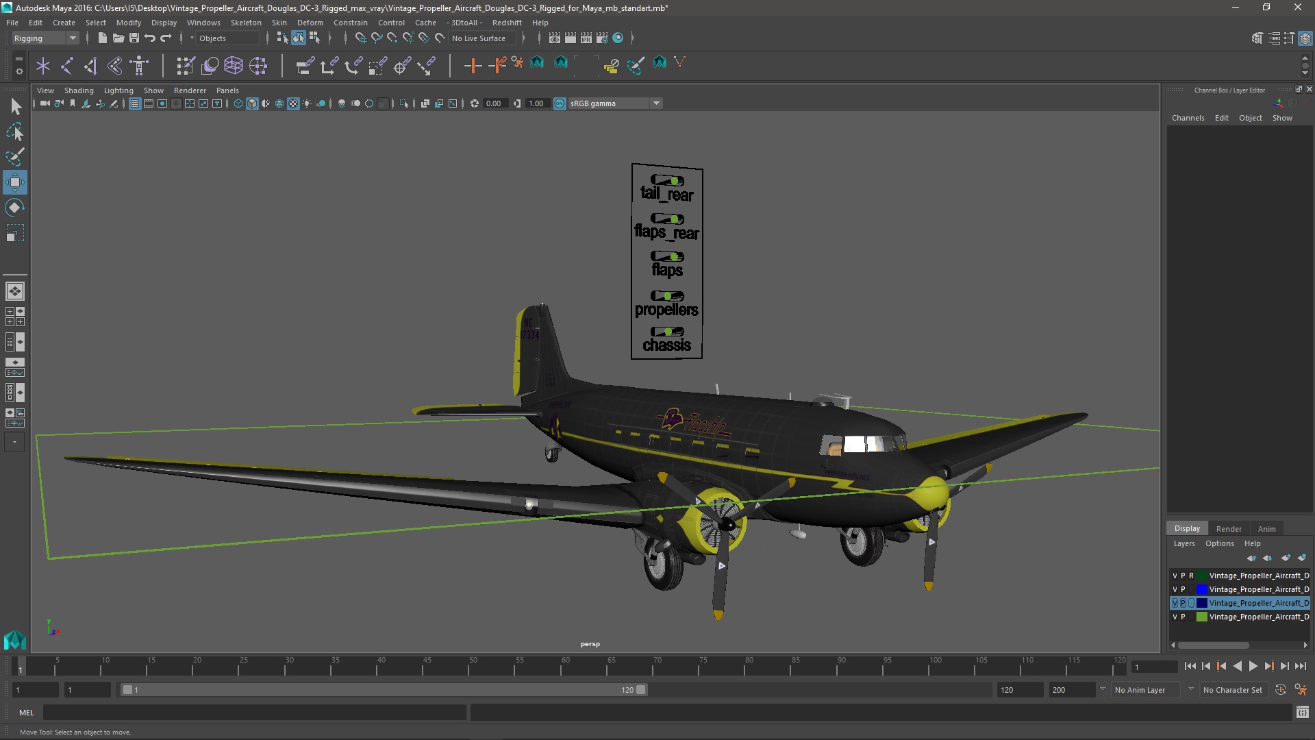 3D model Vintage Propeller Aircraft Douglas DC-3 Rigged for Maya