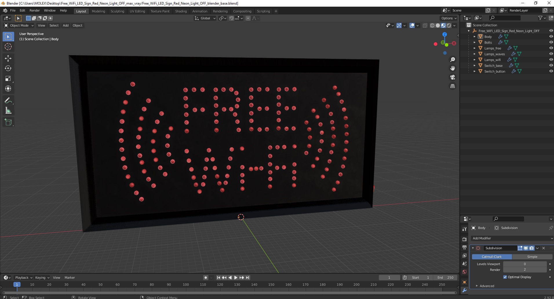 Free WiFi LED Sign Red Neon Light OFF 3D