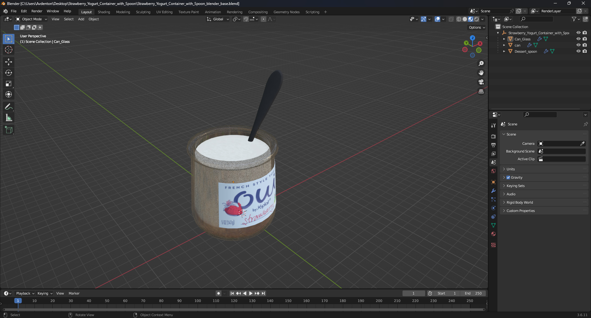 3D Strawberry Yogurt Container with Spoon model