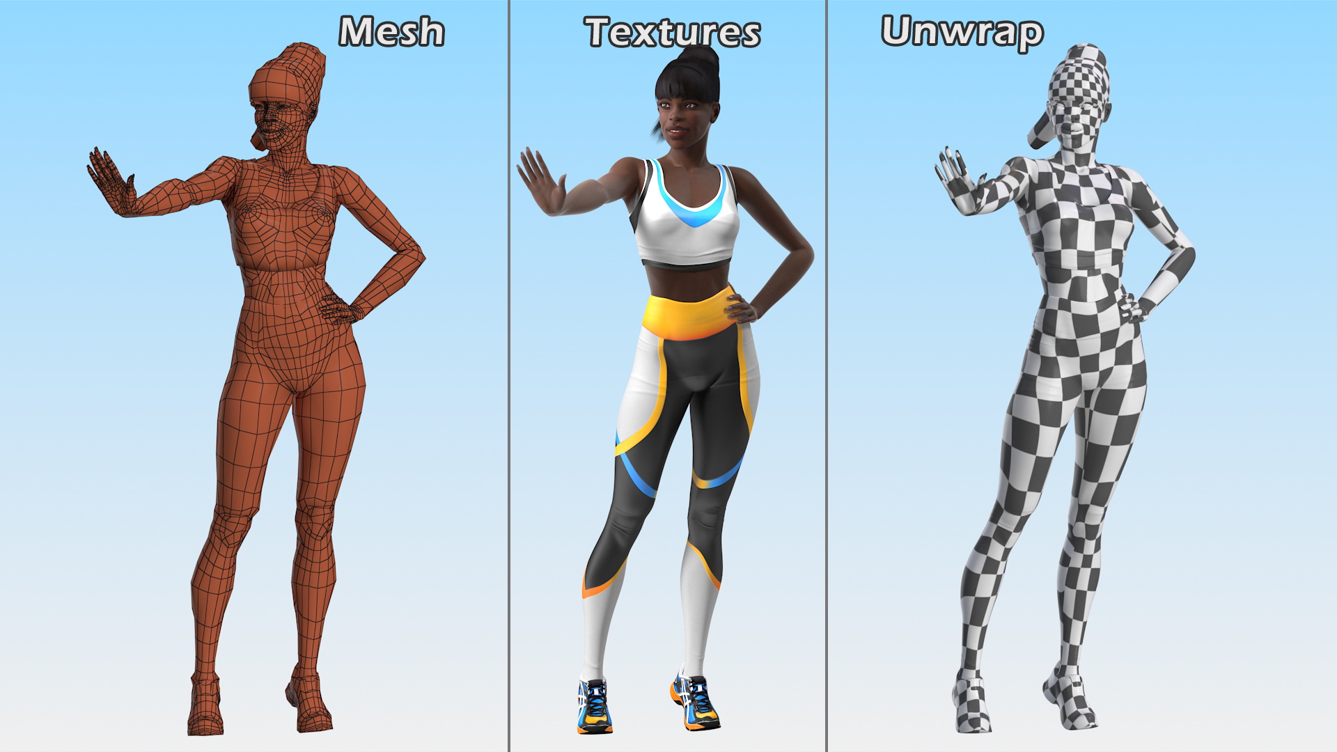 Dark Skin Fitness Woman Standing Pose 3D