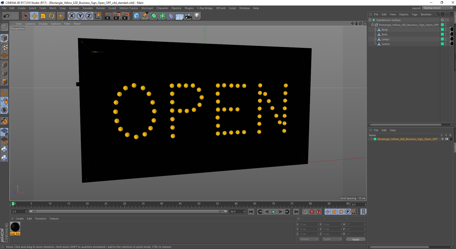 3D Rectangle Yellow LED Business Sign Open OFF model