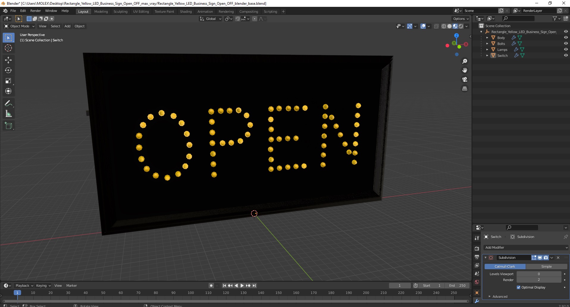 3D Rectangle Yellow LED Business Sign Open OFF model