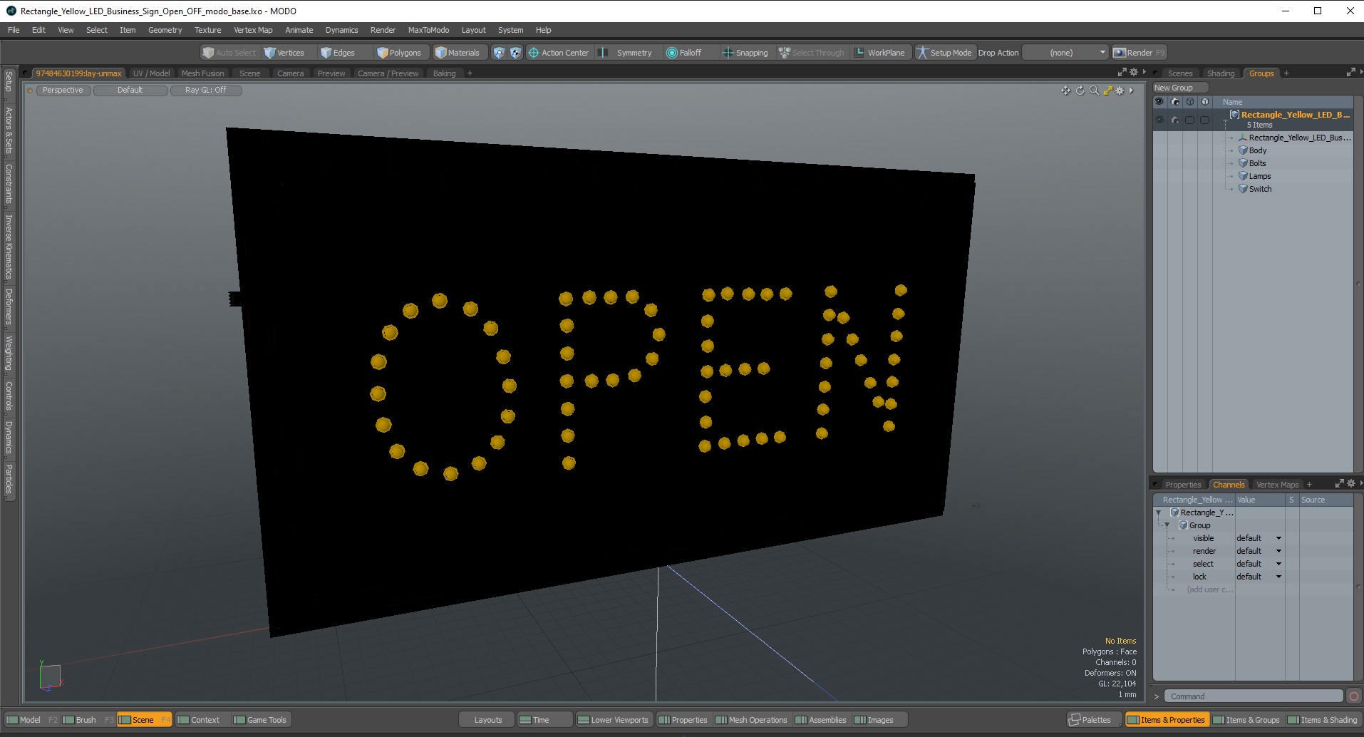 3D Rectangle Yellow LED Business Sign Open OFF model