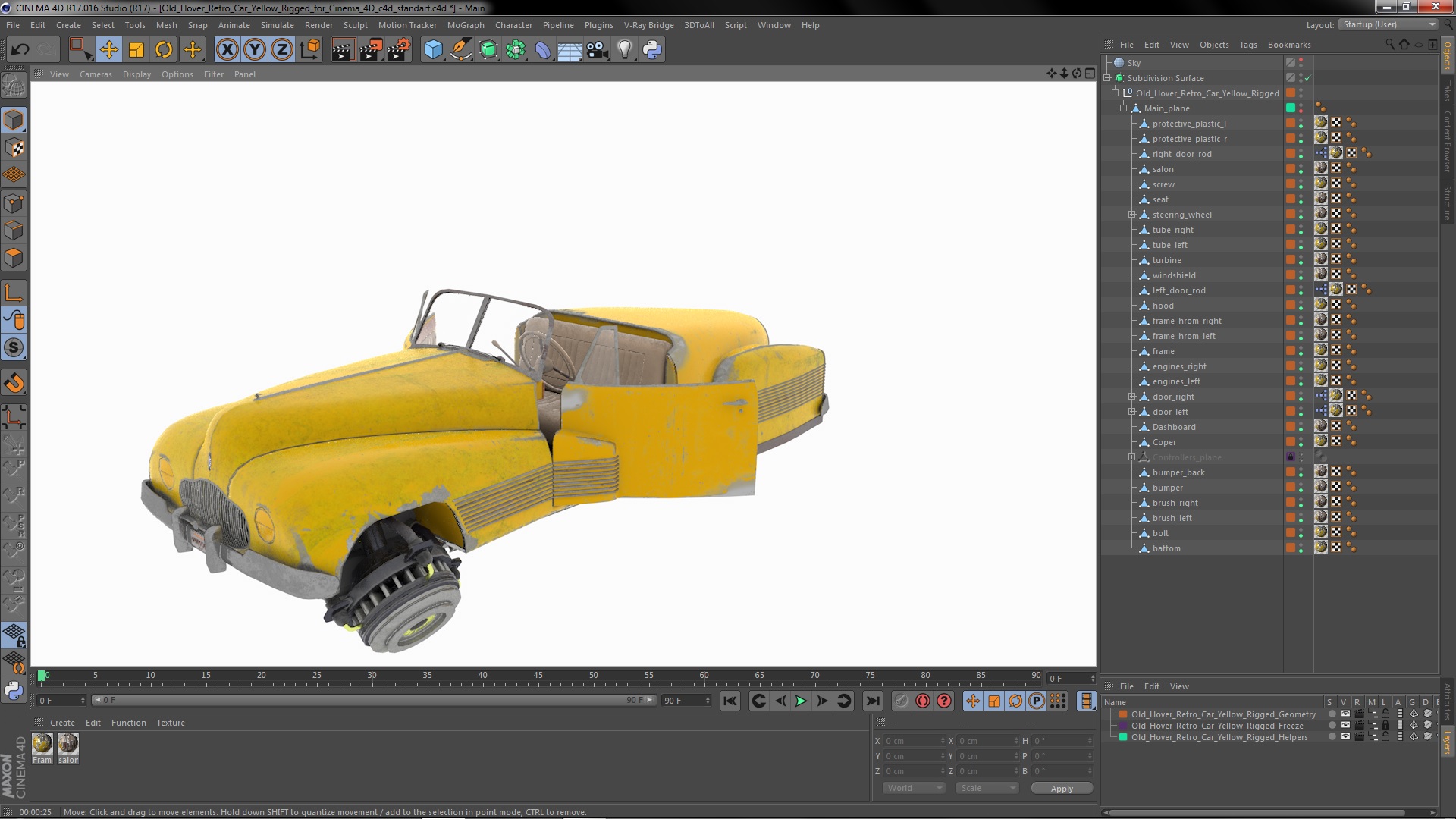 Old Hover Retro Car Yellow Rigged for Cinema 4D 3D