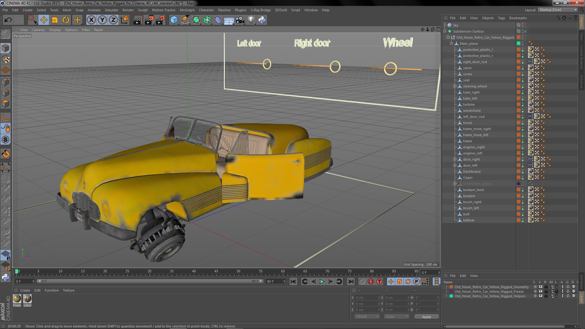 Old Hover Retro Car Yellow Rigged for Cinema 4D 3D