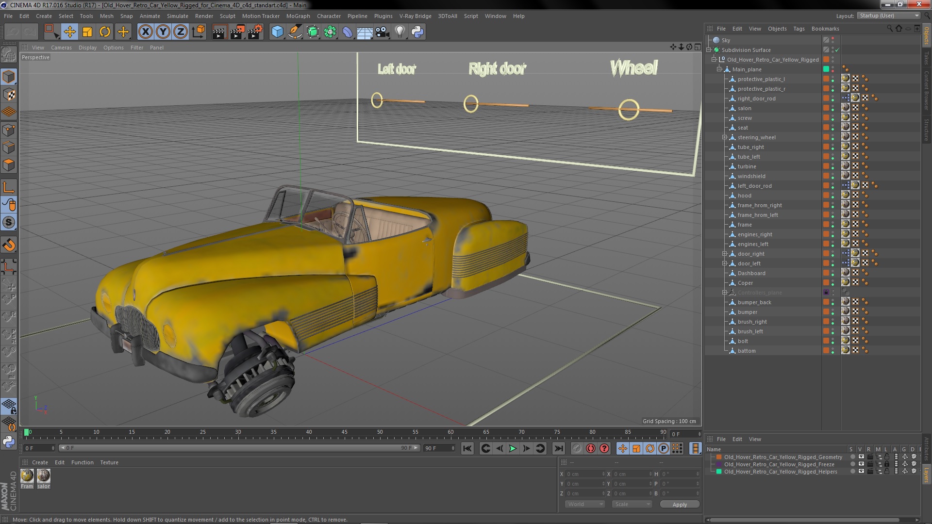 Old Hover Retro Car Yellow Rigged for Cinema 4D 3D