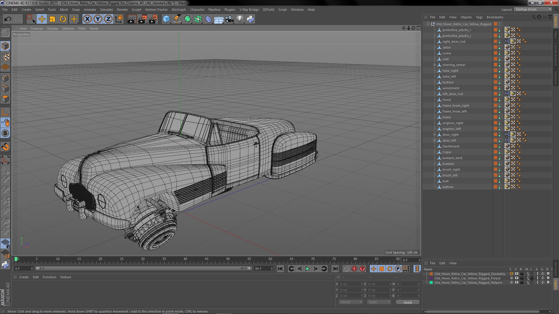 Old Hover Retro Car Yellow Rigged for Cinema 4D 3D