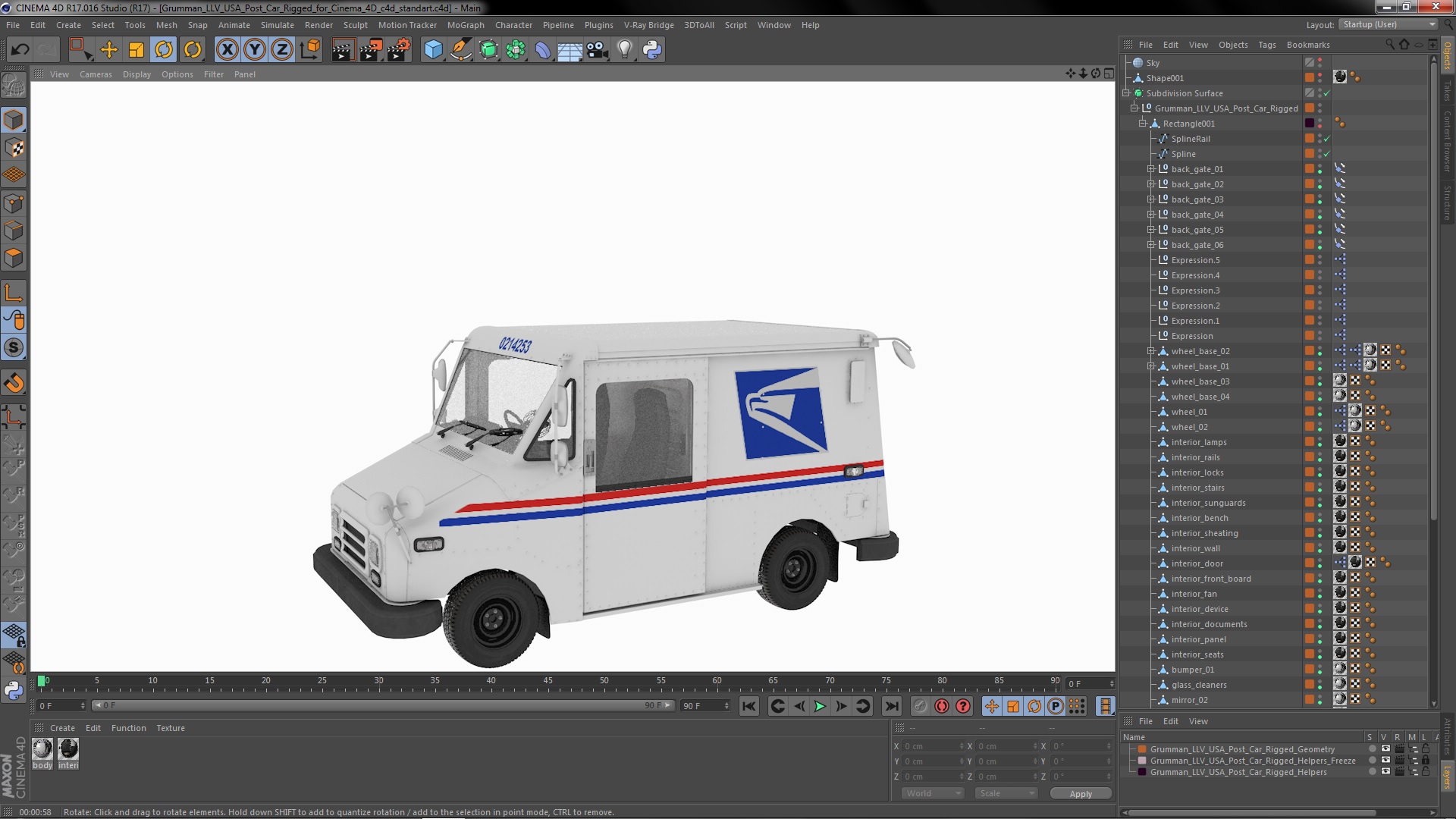 3D model Grumman LLV USA Post Car Rigged for Cinema 4D