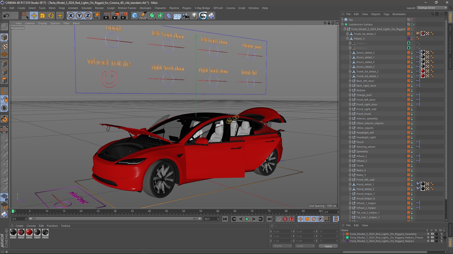 3D Tesla Model 3 2024 Red Lights On Rigged for Cinema 4D model