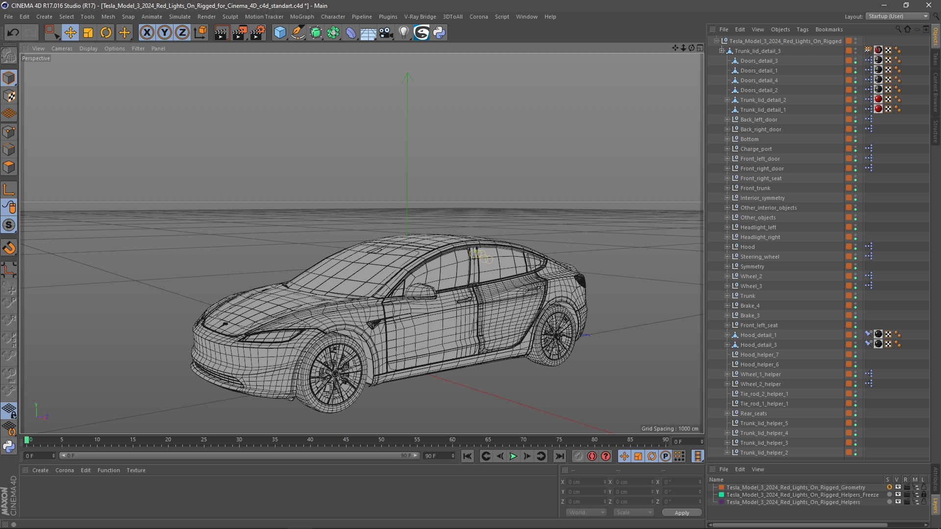 3D Tesla Model 3 2024 Red Lights On Rigged for Cinema 4D model