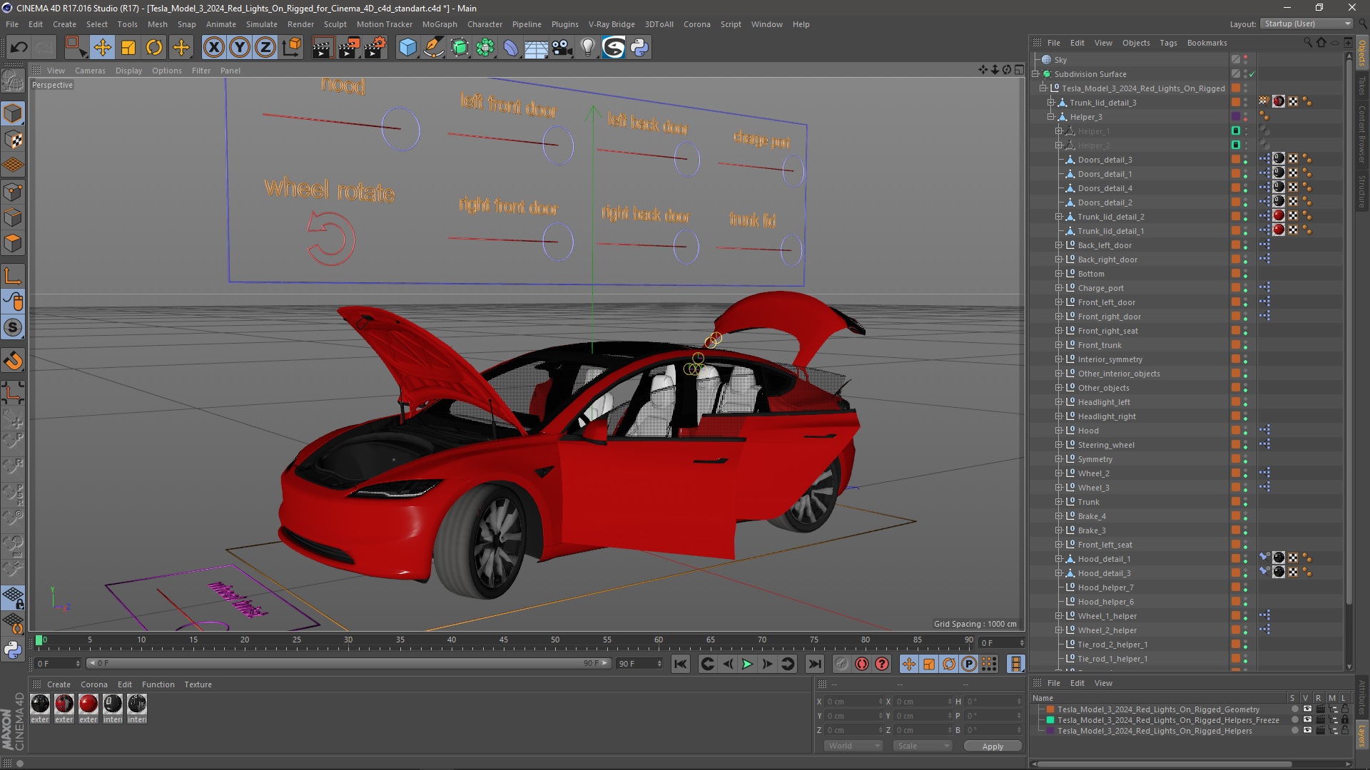 3D Tesla Model 3 2024 Red Lights On Rigged for Cinema 4D model