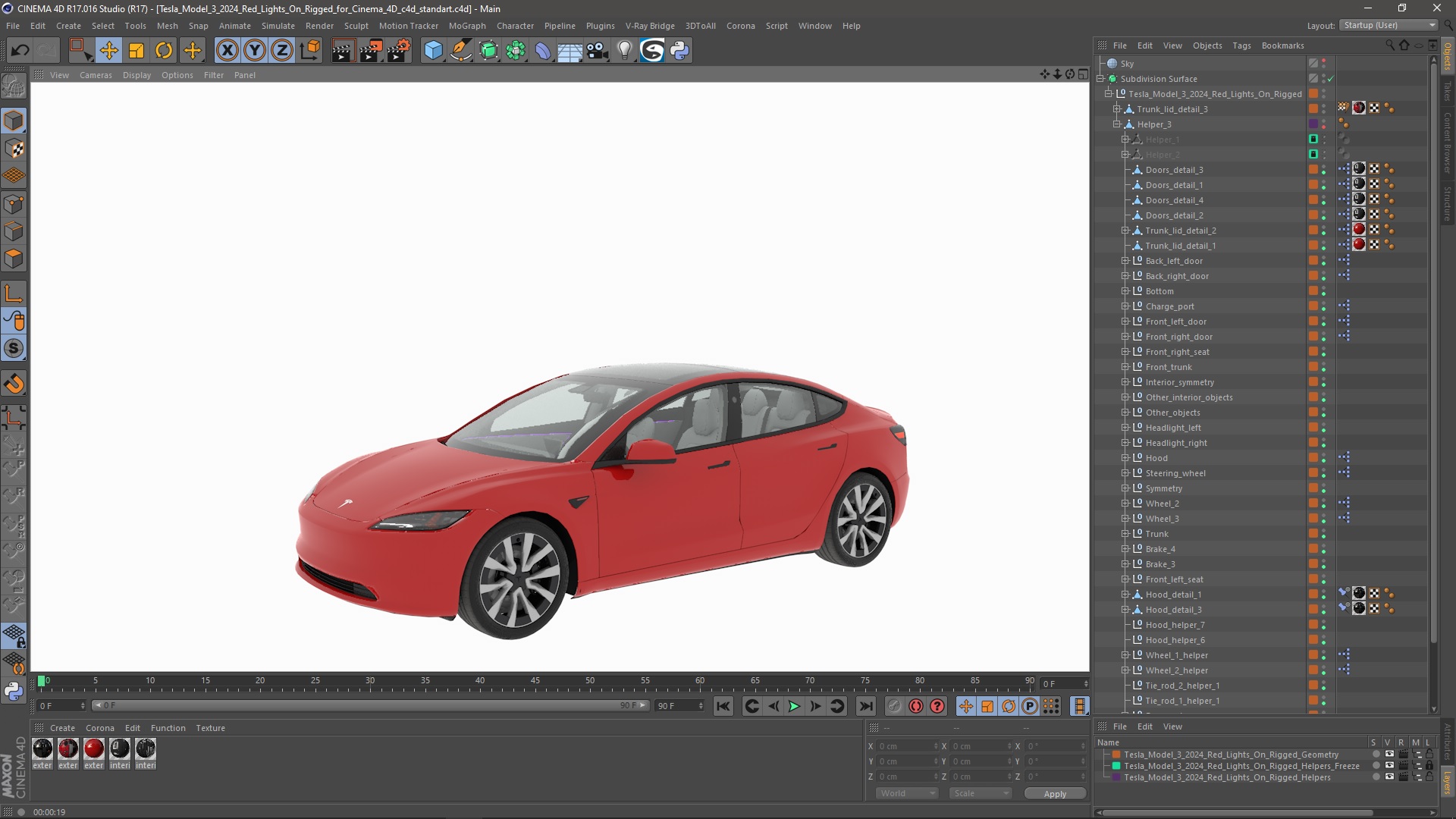 3D Tesla Model 3 2024 Red Lights On Rigged for Cinema 4D model