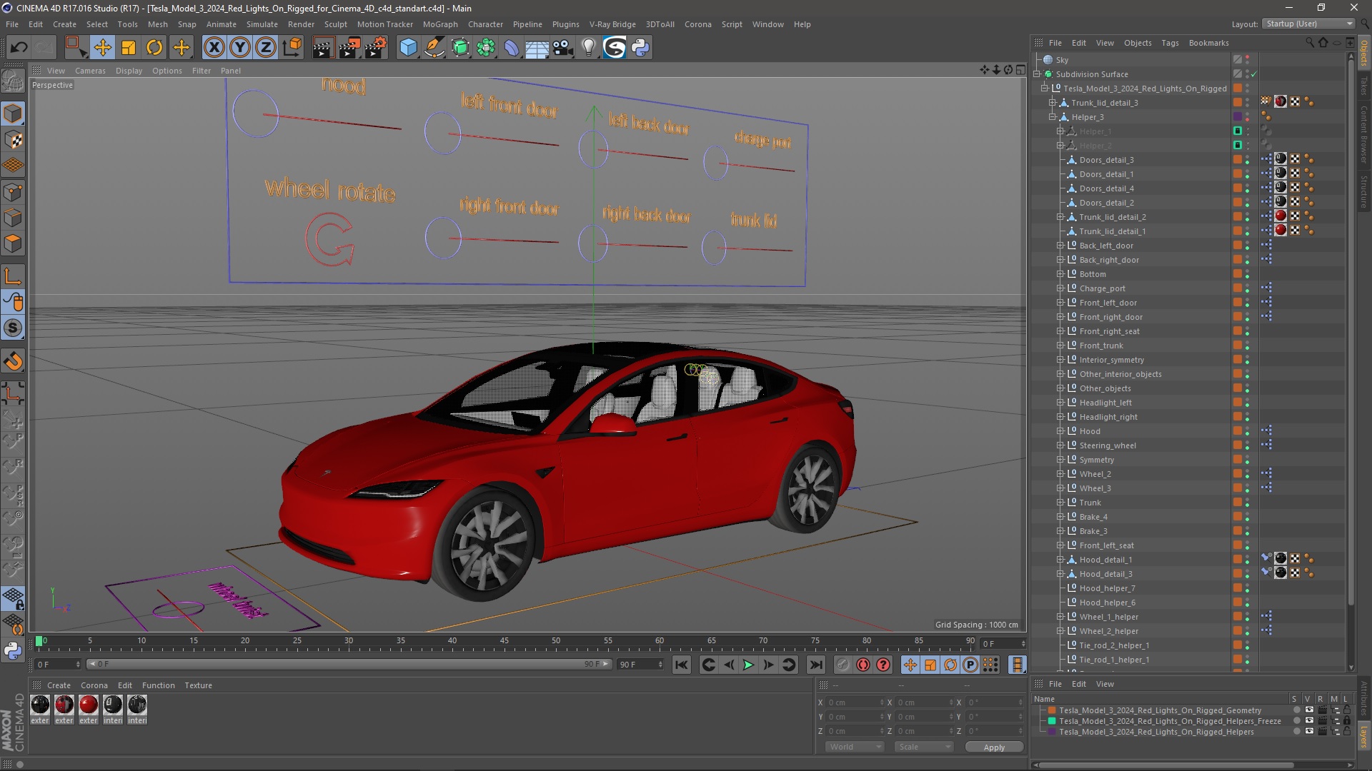 3D Tesla Model 3 2024 Red Lights On Rigged for Cinema 4D model