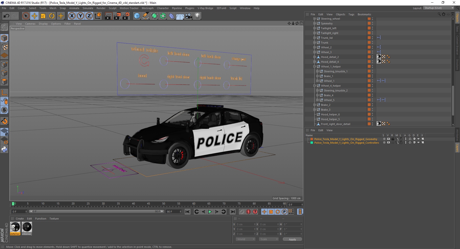 3D Police Tesla Model Y Lights On Rigged for Cinema 4D