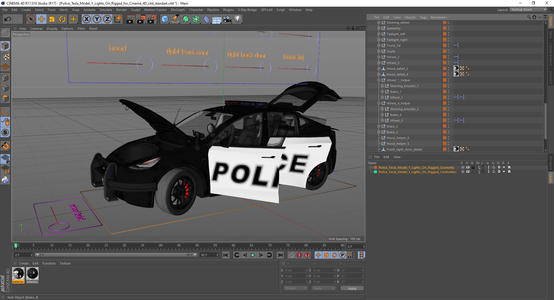 3D Police Tesla Model Y Lights On Rigged for Cinema 4D