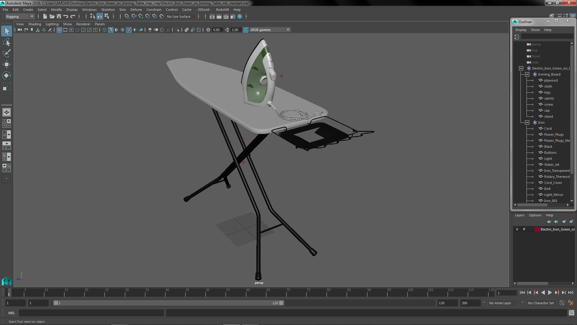 3D Electric Iron Green on Ironing Table