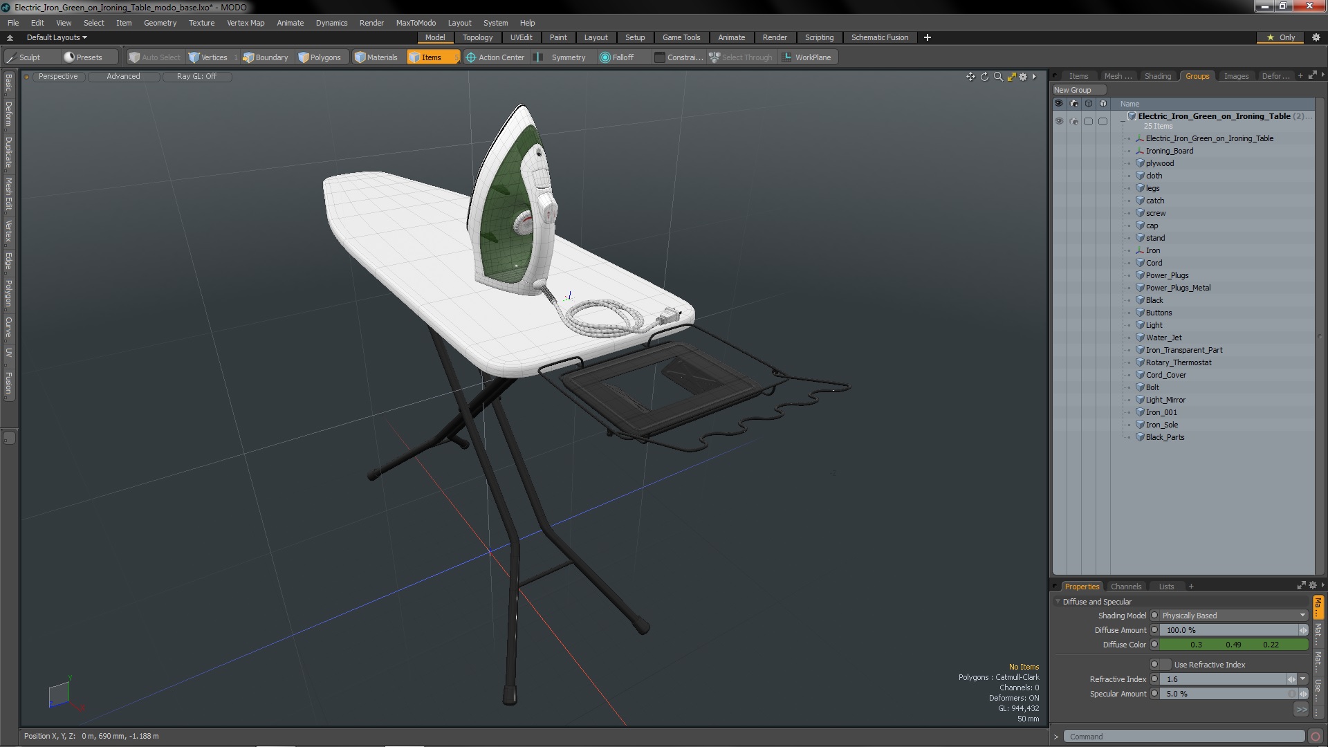 3D Electric Iron Green on Ironing Table