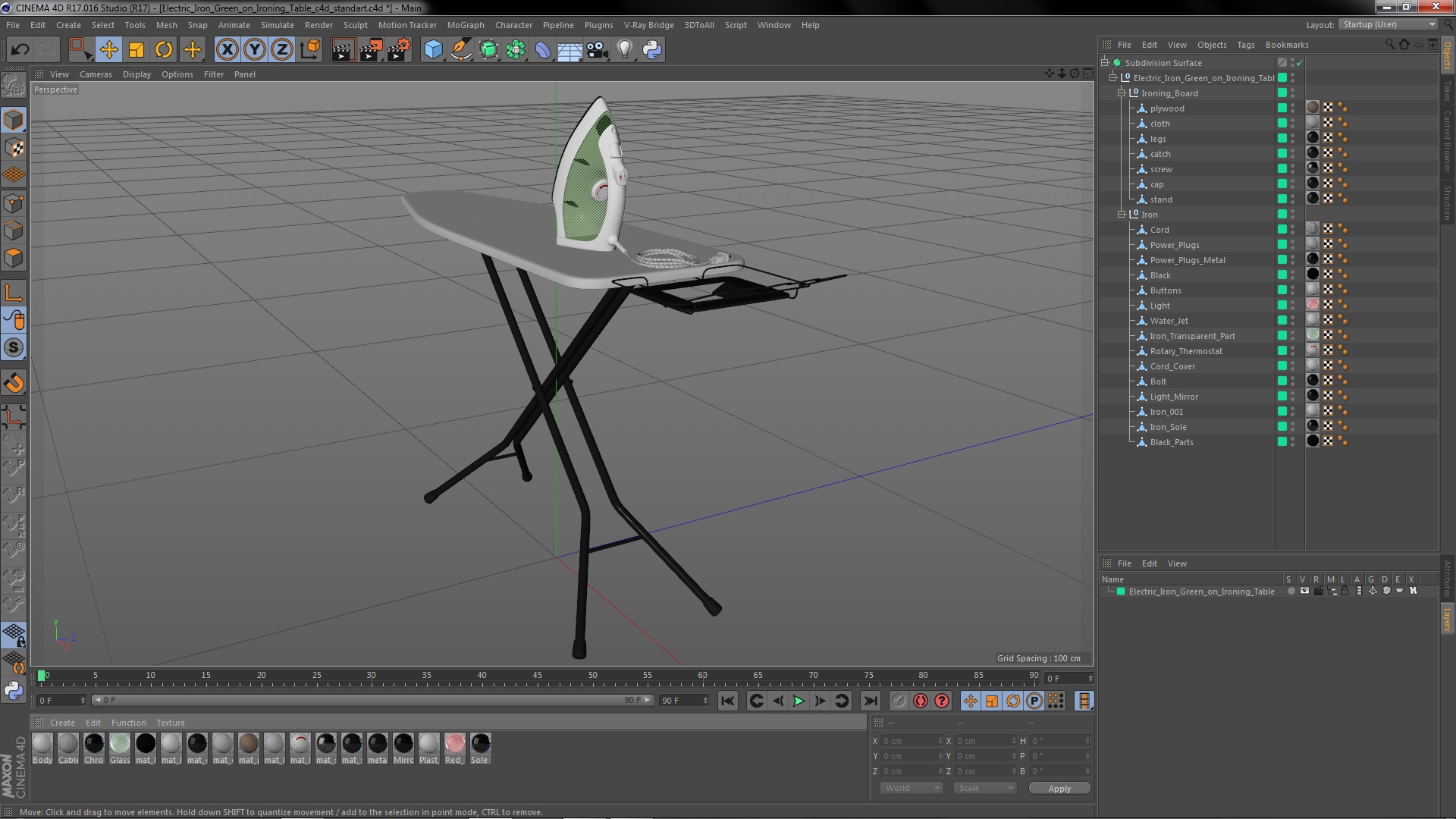 3D Electric Iron Green on Ironing Table