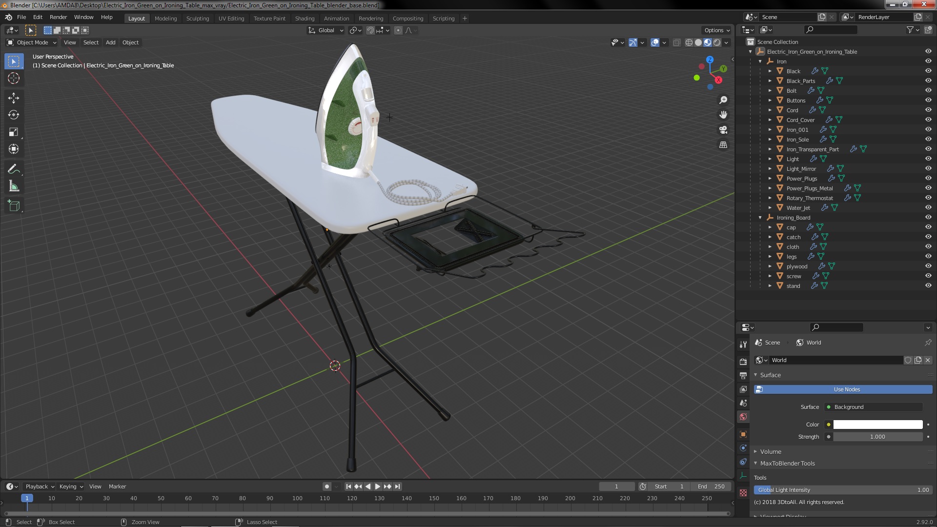 3D Electric Iron Green on Ironing Table