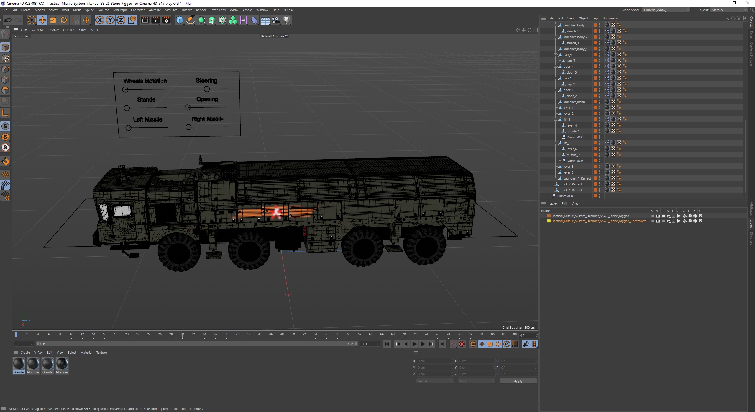 3D model Tactical Missile System Iskander SS-26 Stone Rigged for Cinema 4D
