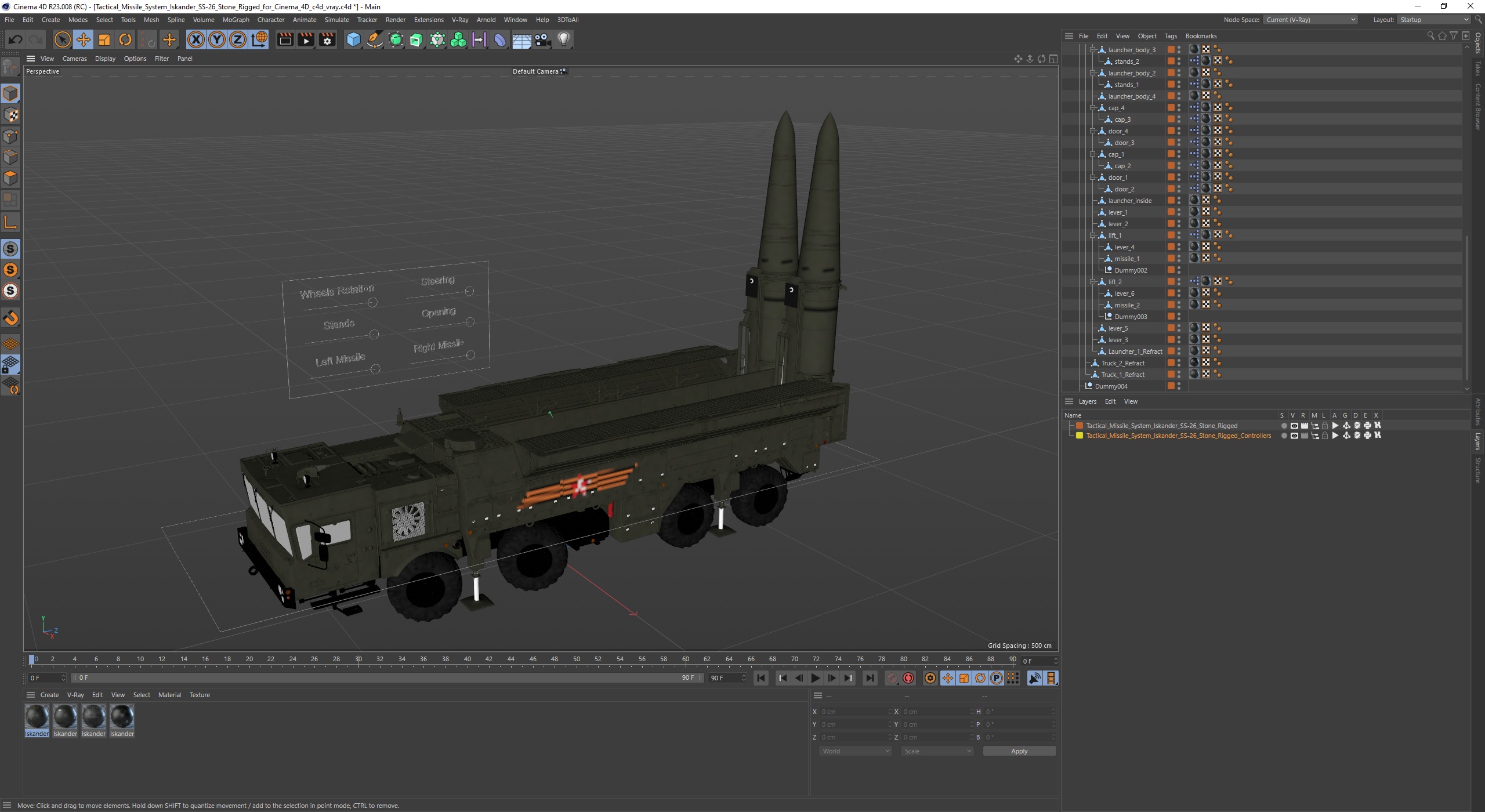 3D model Tactical Missile System Iskander SS-26 Stone Rigged for Cinema 4D