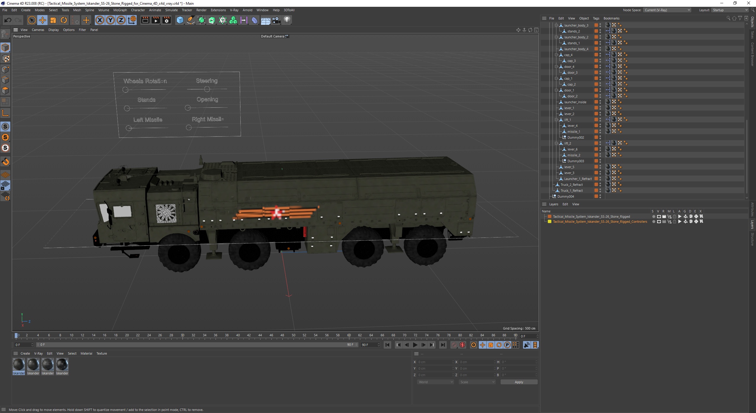 3D model Tactical Missile System Iskander SS-26 Stone Rigged for Cinema 4D