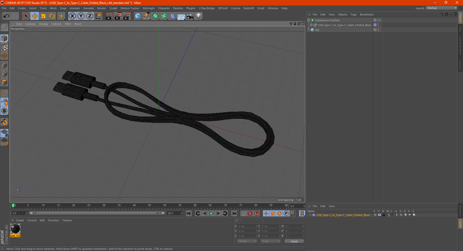 USB Type-C to Type-C Cable Folded Black 3D model