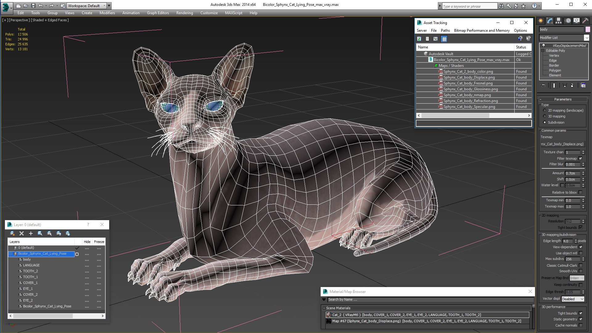 Bicolor Sphynx Cat Lying Pose 3D model