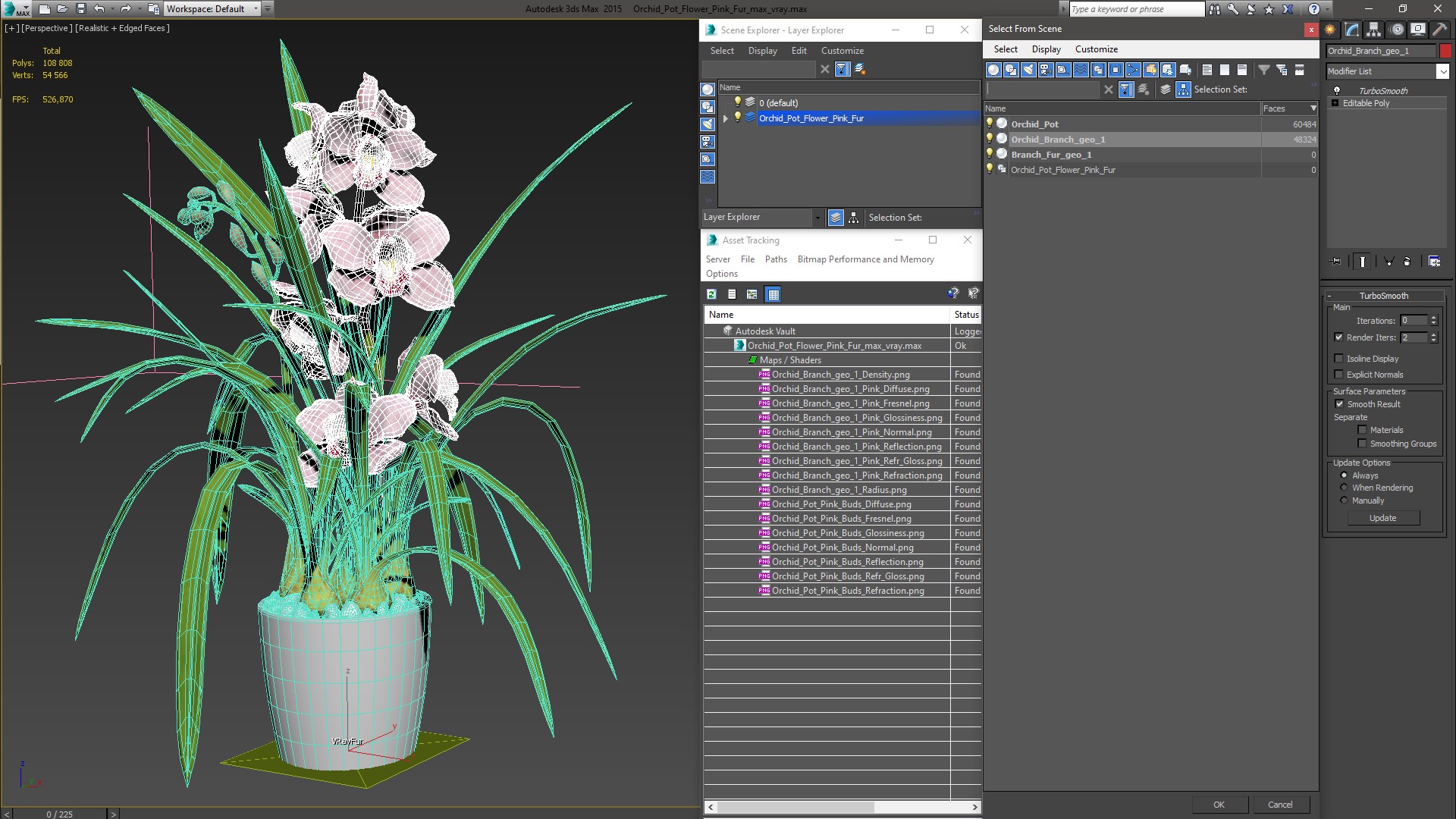 3D Orchid Pot Flower Pink Fur