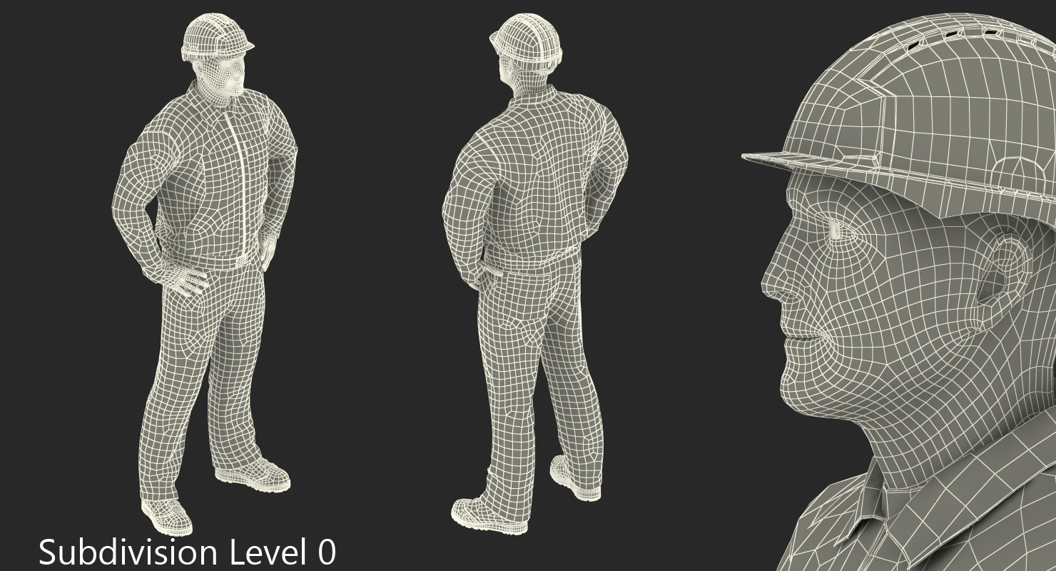 Factory Worker Orange Overalls with Hardhat Standing Pose 3D