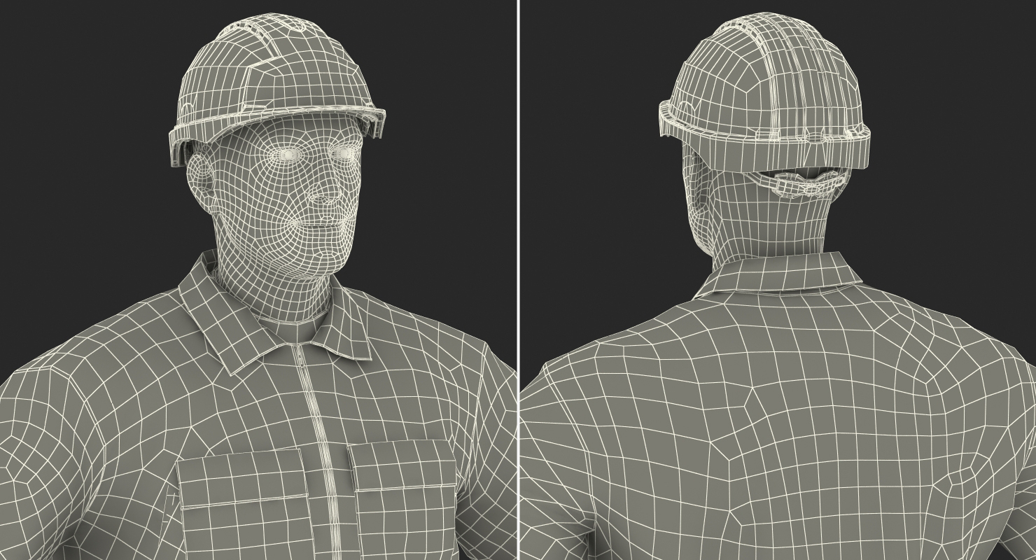 Factory Worker Orange Overalls with Hardhat Standing Pose 3D