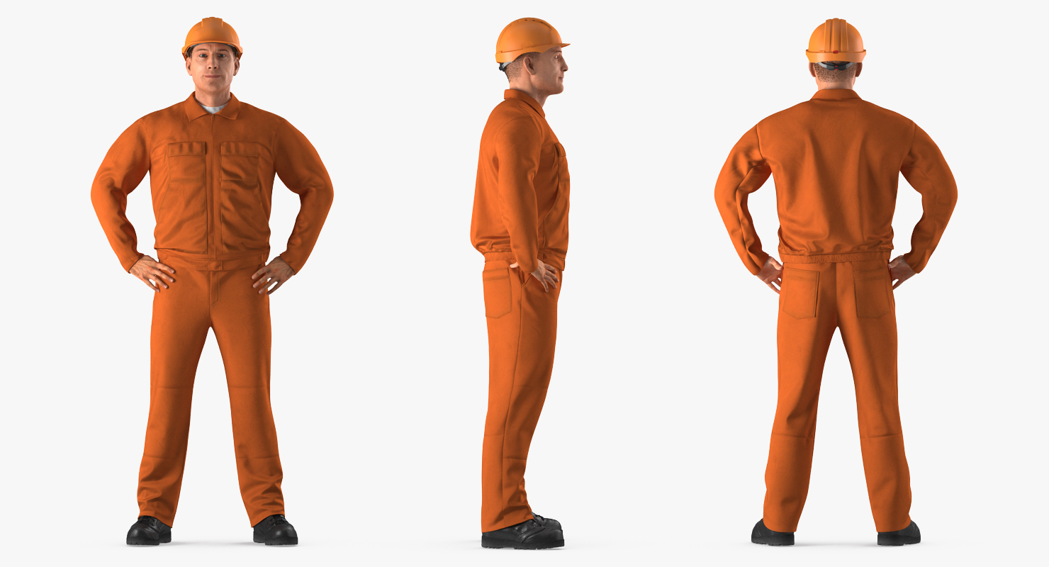 Factory Worker Orange Overalls with Hardhat Standing Pose 3D