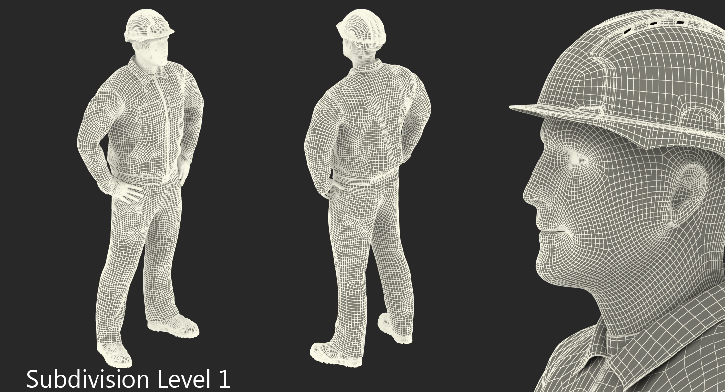 Factory Worker Orange Overalls with Hardhat Standing Pose 3D