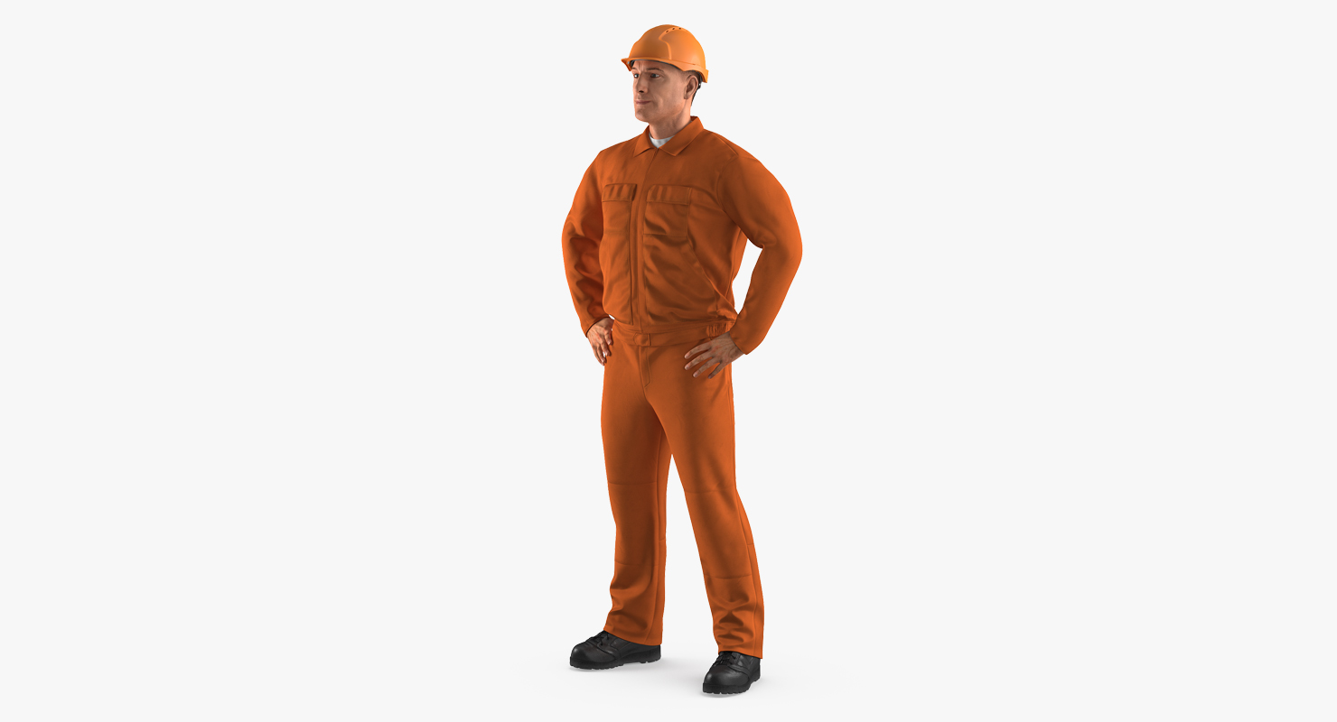 Factory Worker Orange Overalls with Hardhat Standing Pose 3D