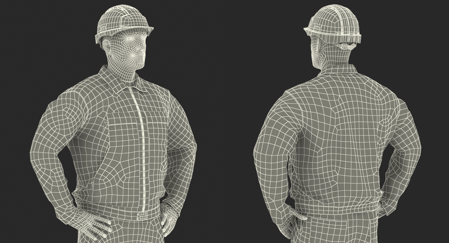 Factory Worker Orange Overalls with Hardhat Standing Pose 3D