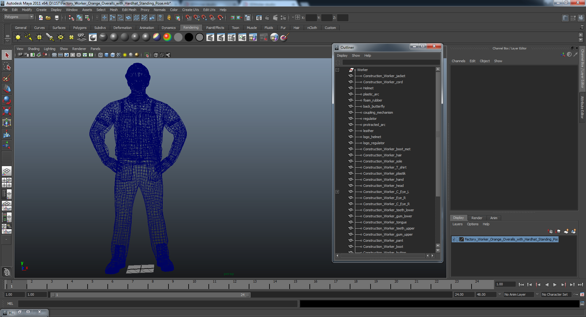 Factory Worker Orange Overalls with Hardhat Standing Pose 3D