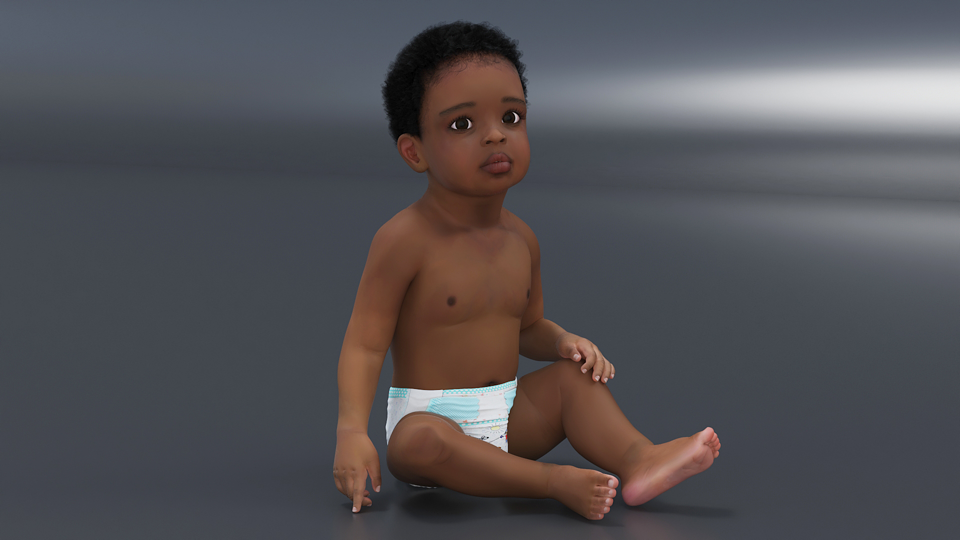 3D model African Baby Boy Light Skin in Diaper Sitting