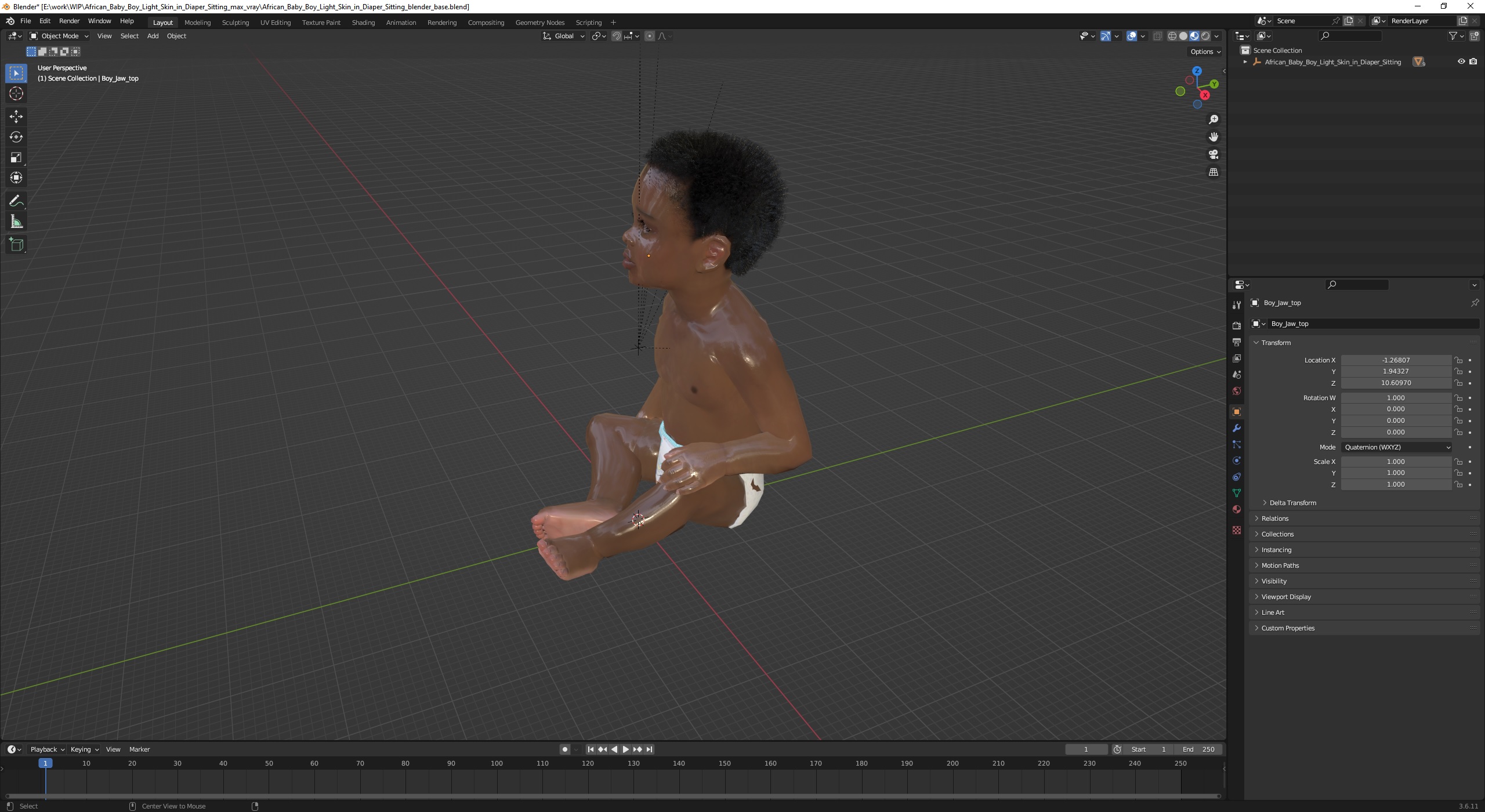 3D model African Baby Boy Light Skin in Diaper Sitting