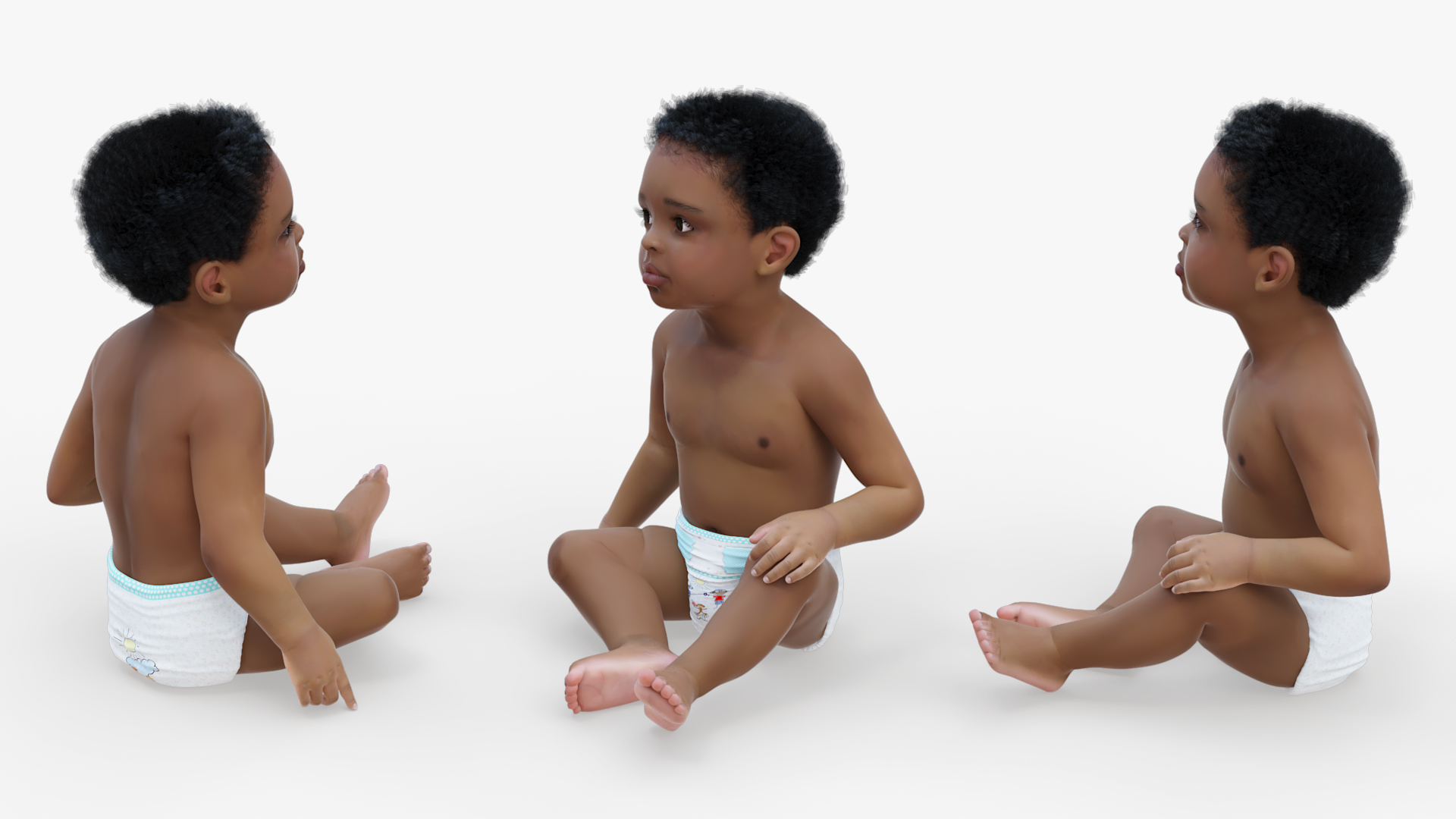 3D model African Baby Boy Light Skin in Diaper Sitting