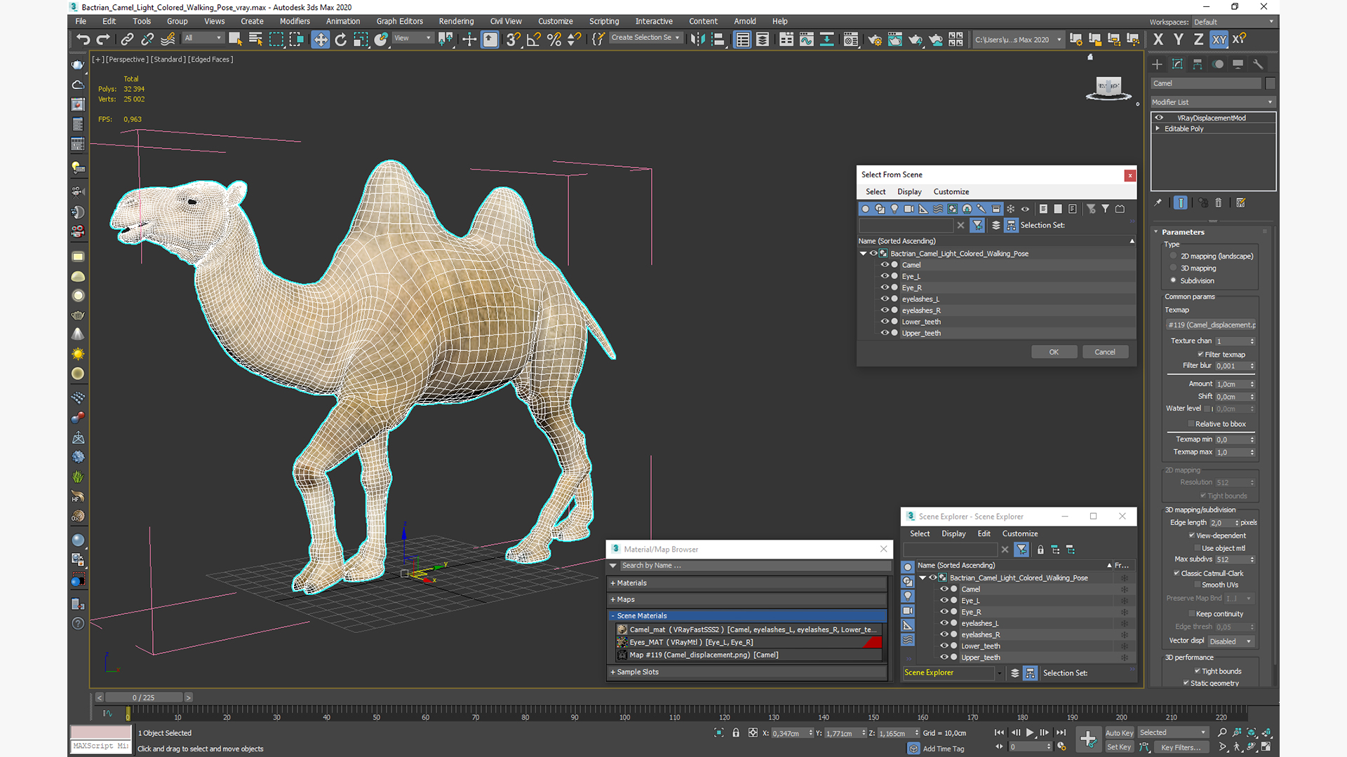 3D Bactrian Camel Light Colored Walking Pose