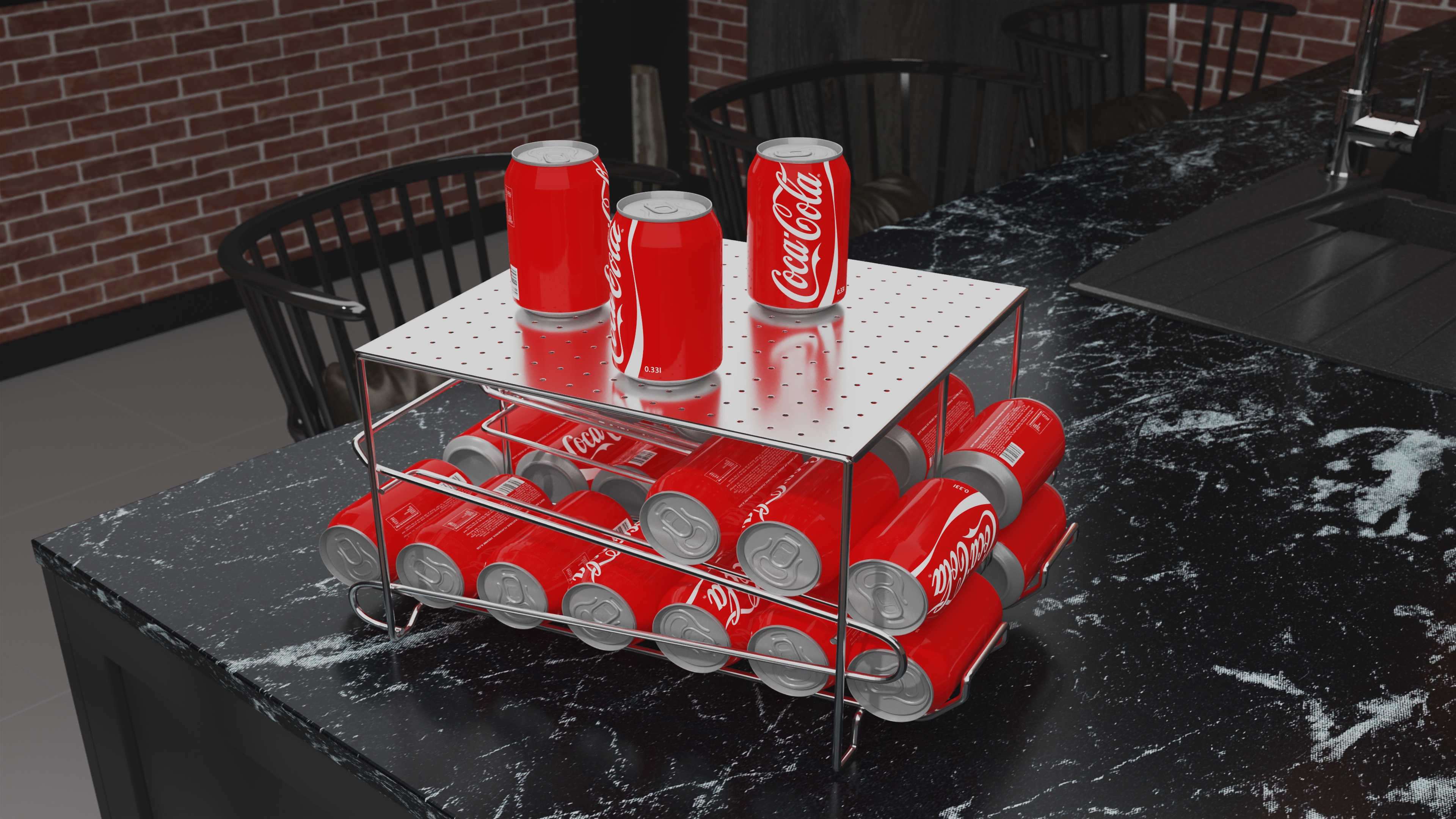 2 Tier Can Rack Organizer Chrome with Cola Cans 3D
