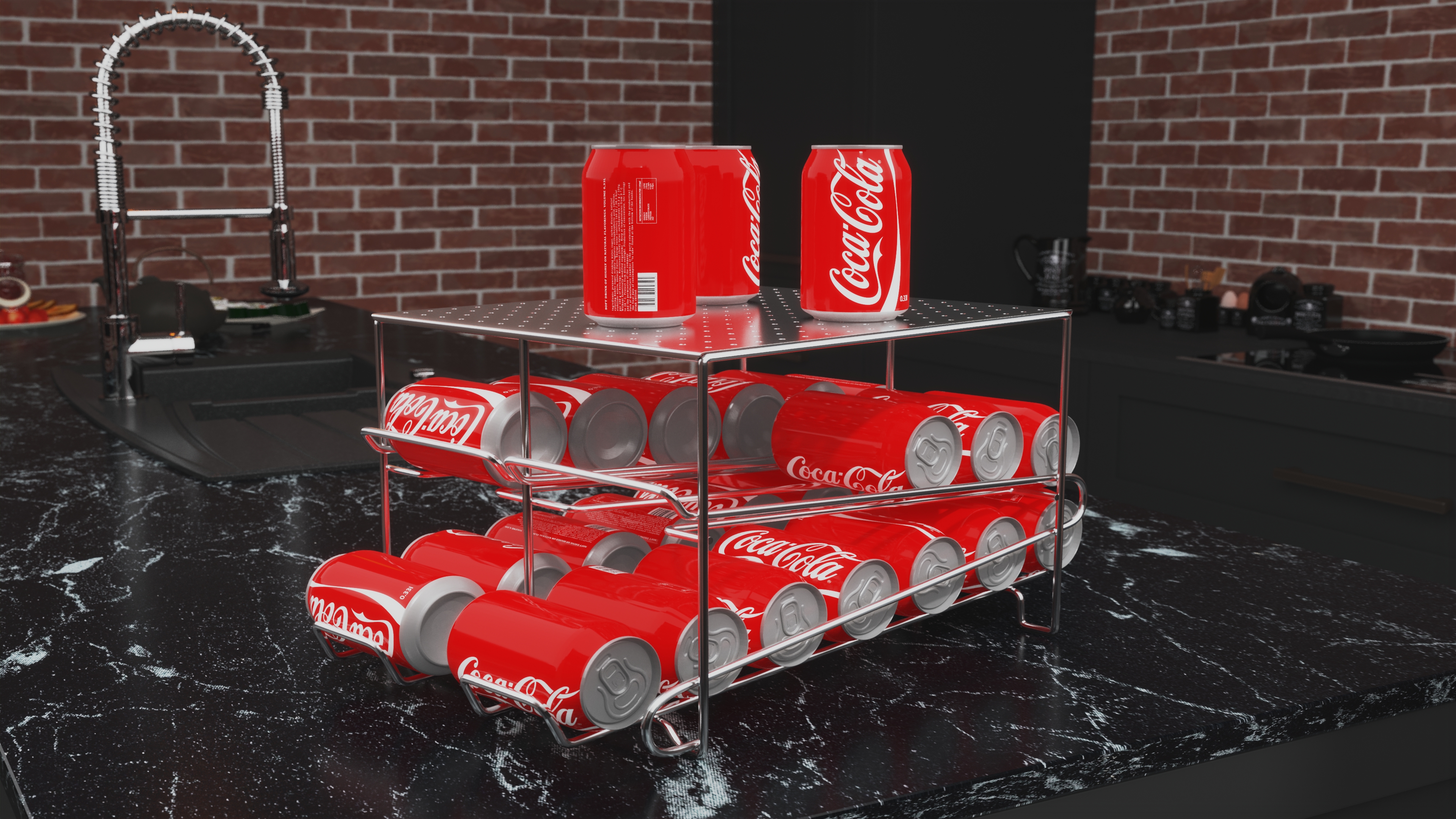 2 Tier Can Rack Organizer Chrome with Cola Cans 3D
