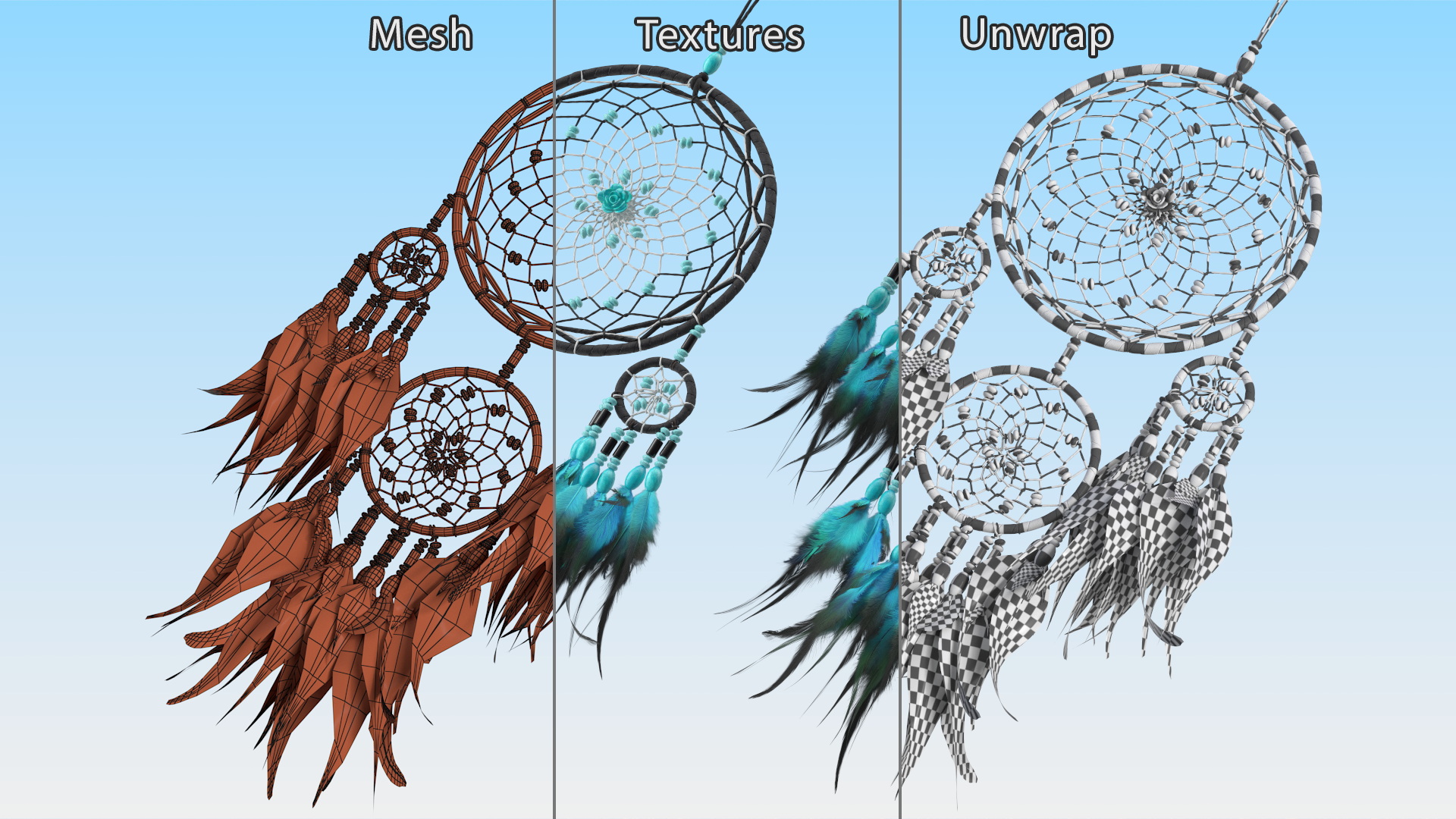 Dreamcatcher with Blue Feathers Four Rings 3D