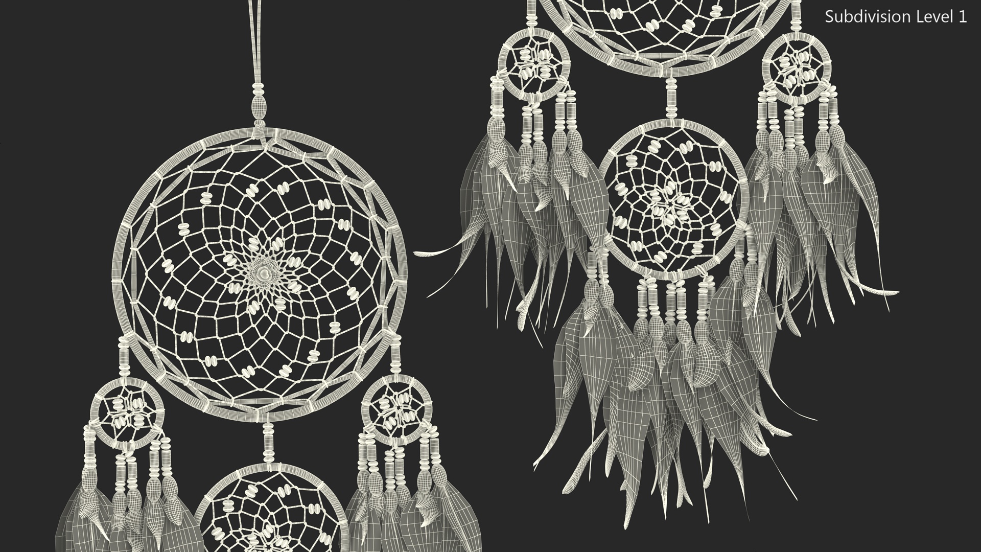 Dreamcatcher with Blue Feathers Four Rings 3D