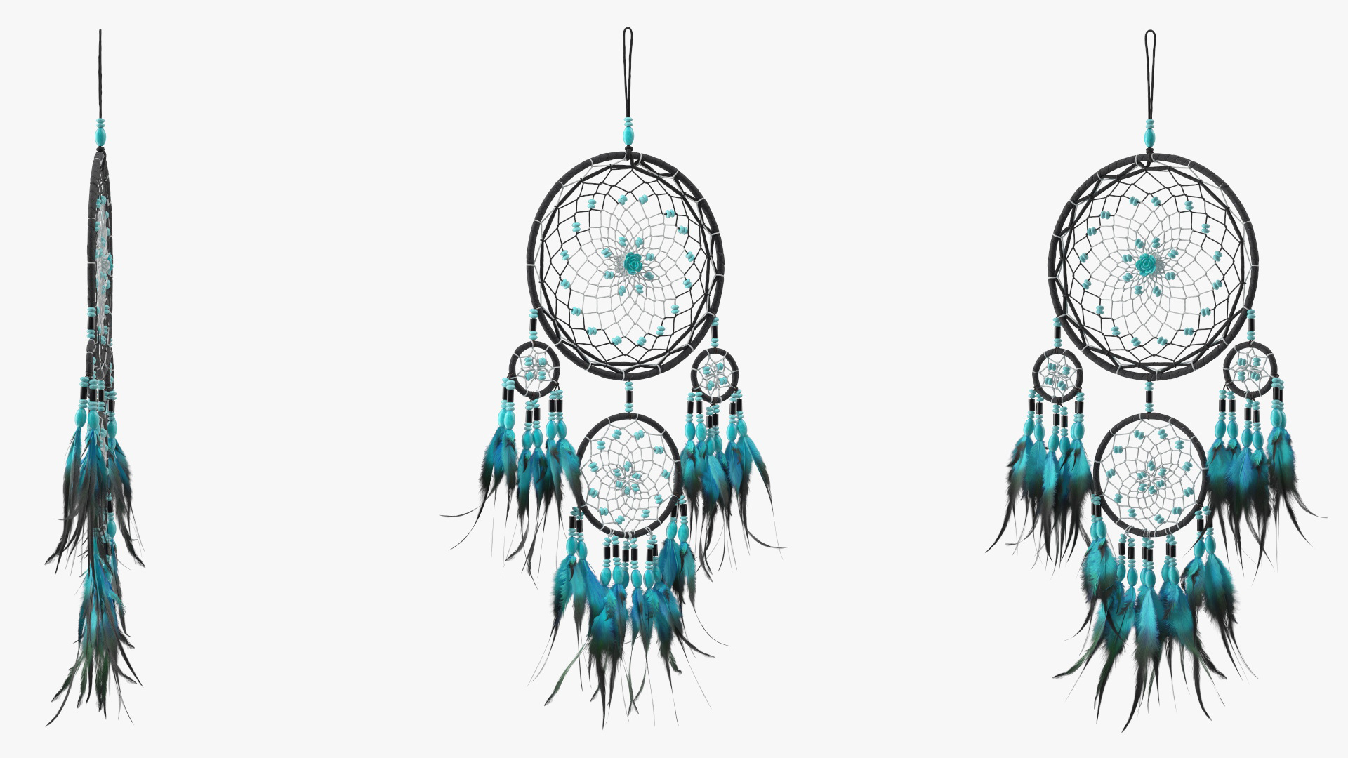 Dreamcatcher with Blue Feathers Four Rings 3D